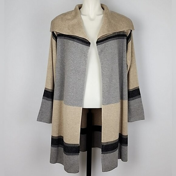 Calvin Klein Colorblock Tan Grey Open Front Long Knit Cardigan Wide Collar Sz S - Picture 1 of 12